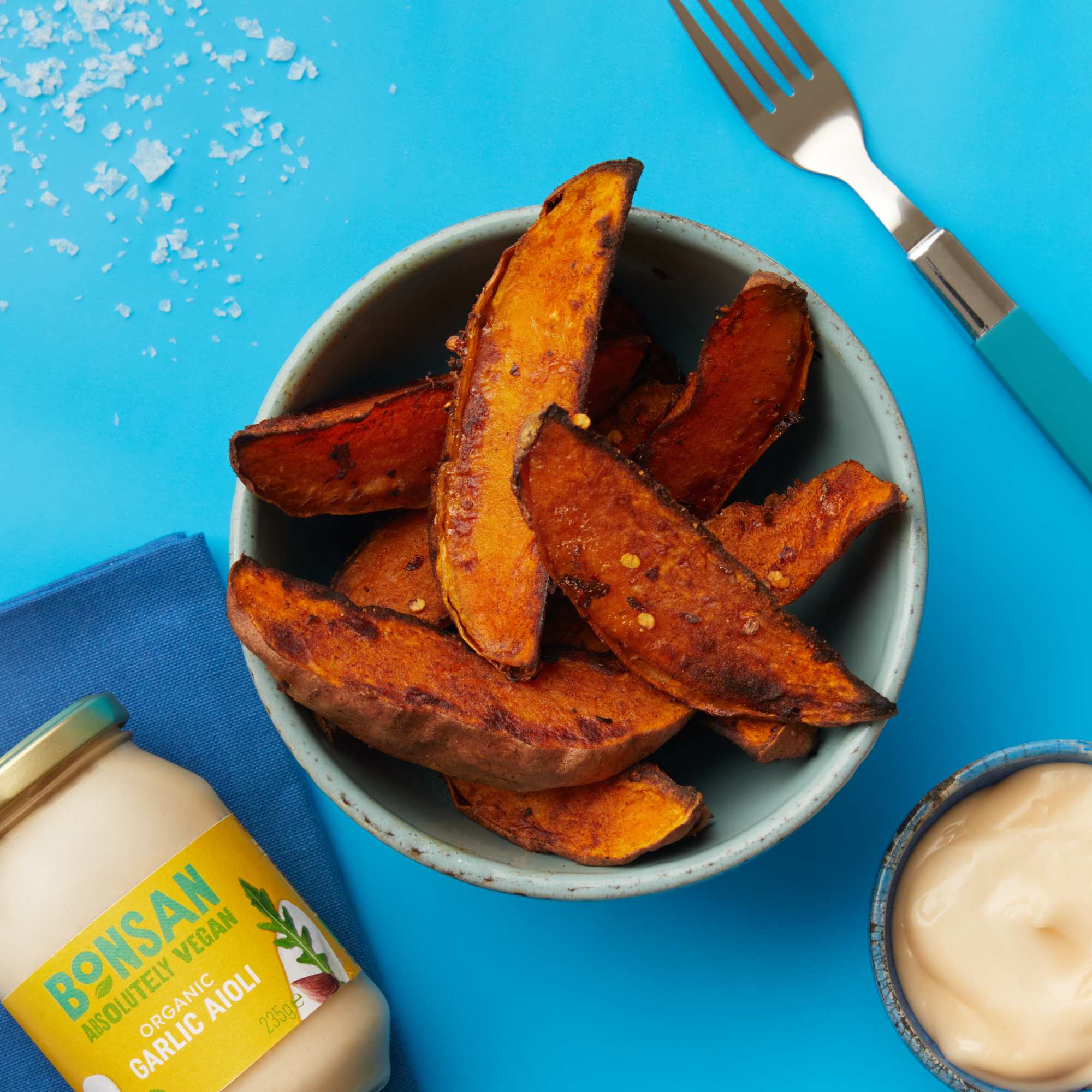 Roast Sweet potato wedges with aioli | Bonsan Absolutely Vegan