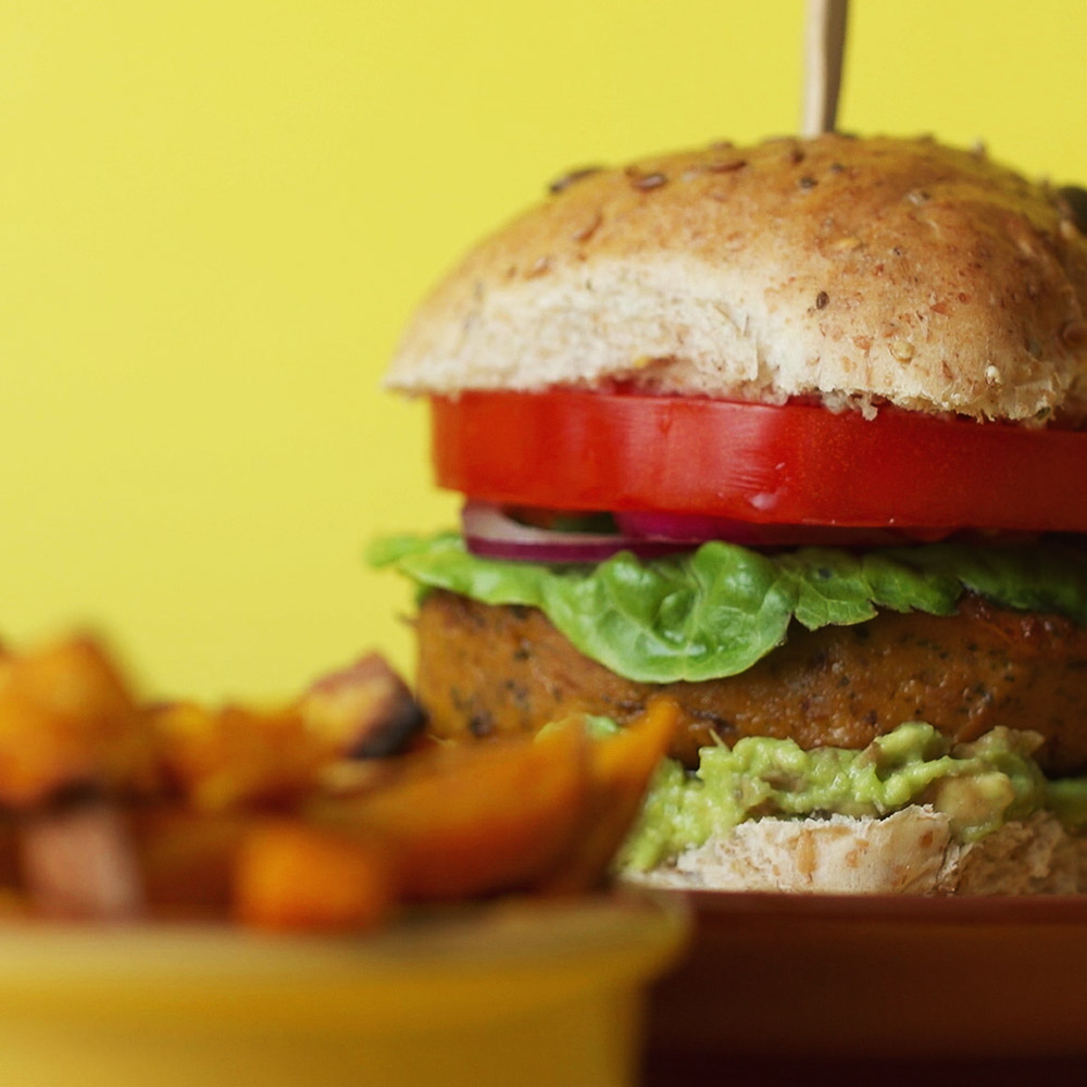 Kofu Steak Burger with Smashed Avo & Sweet Potato Fries | Bonsan Absolutely Vegan
