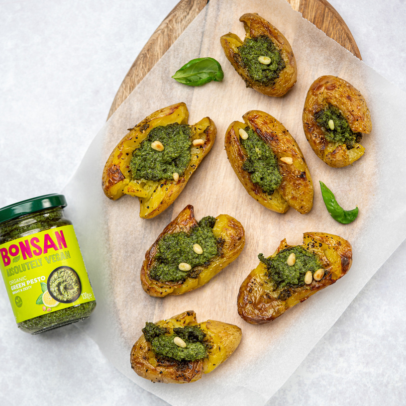 GREEN PESTO SMASHED POTATOES | Bonsan Absolutely Vegan