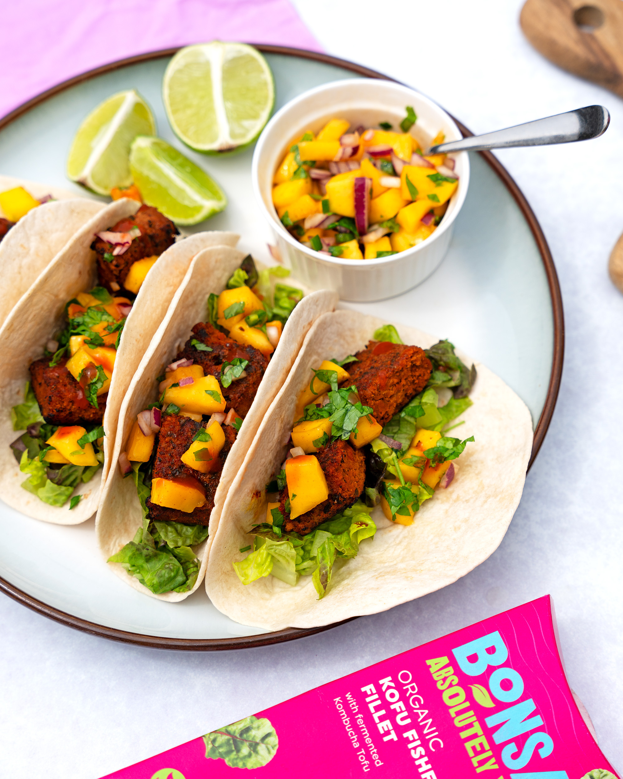BBQ Fish-Free Tacos with Green Jalapeno and Mango Salsa | Bonsan Absolutely Vegan